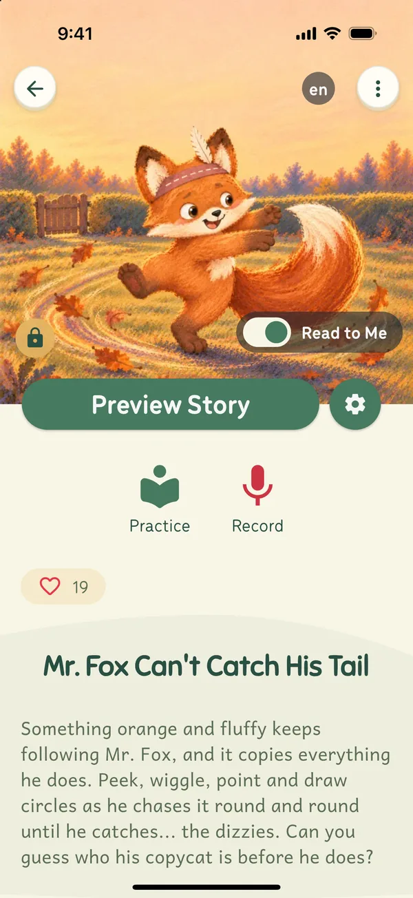 A FoxStoria story page with Read to Me, Practice and Record