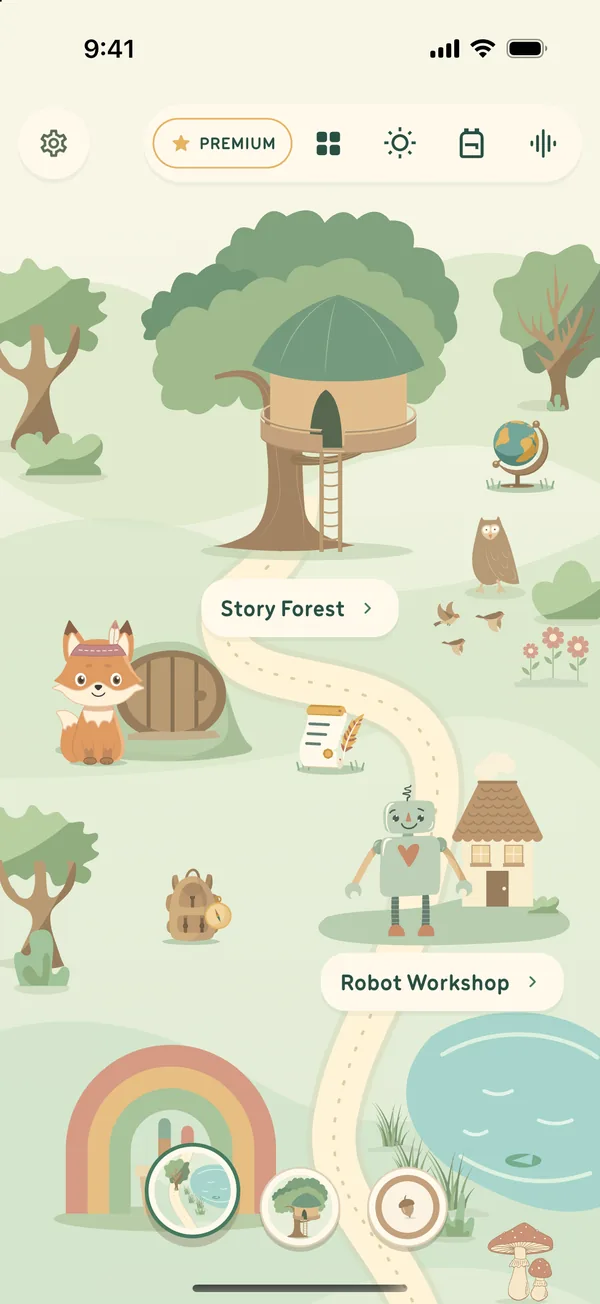 FoxStoria home screen: a woodland with the story treehouse, Robot Workshop and Mr. Fox