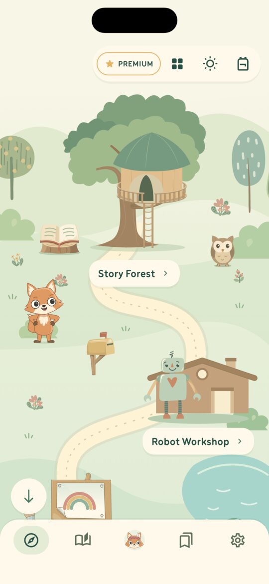 Woodland app preview with the story treehouse, workshop, and Mr. Fox